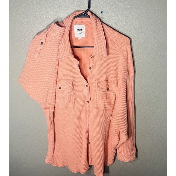 Aerie Waffle Knit Oversized Button Down Pockets Size LG Coral Pink Hue Warm Up - Picture 2 of 8